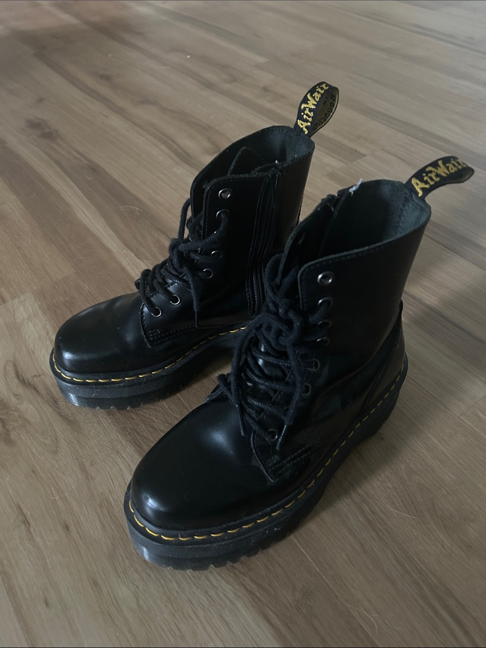 Dr. Martens Black Leather Lace-Up Platform Boots with Yellow Stitching